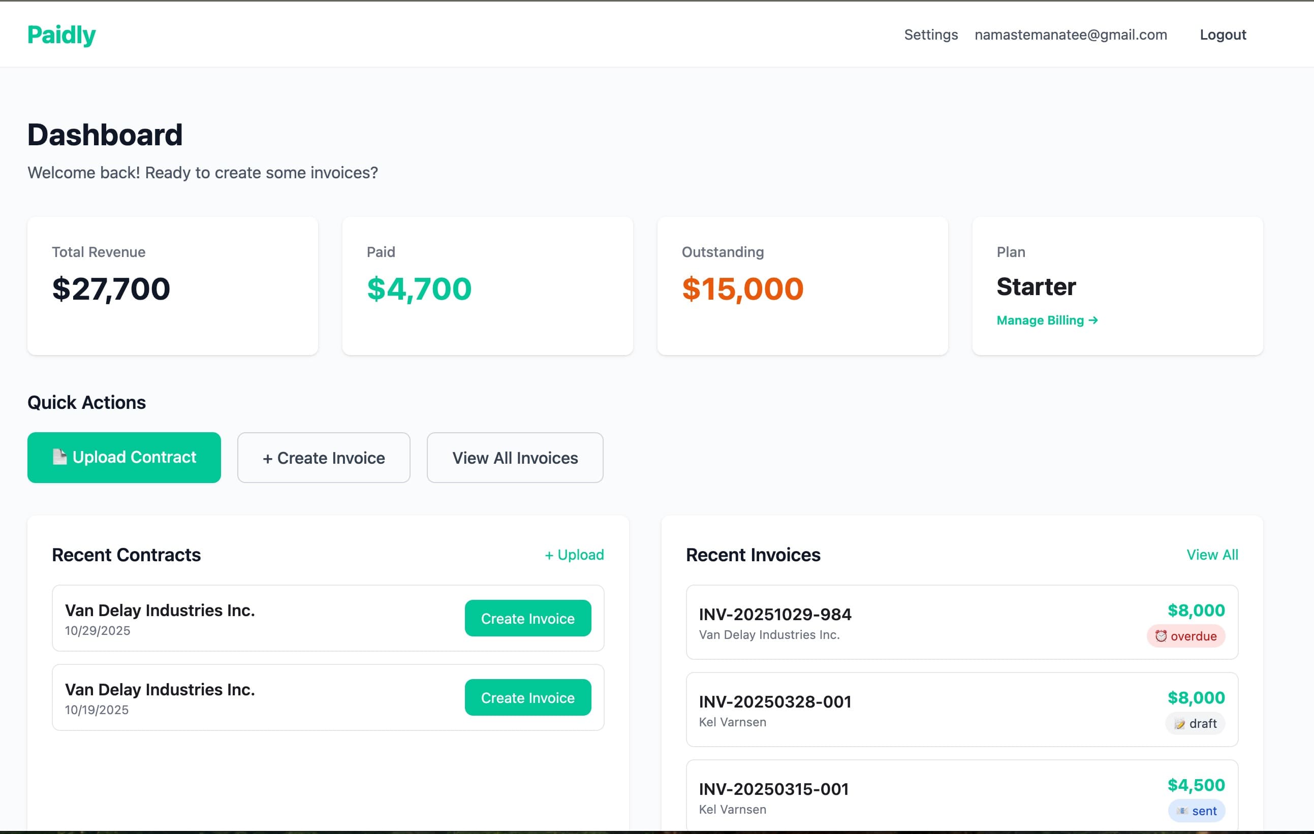 Paidly Dashboard showing Upload Contract button and recent contracts