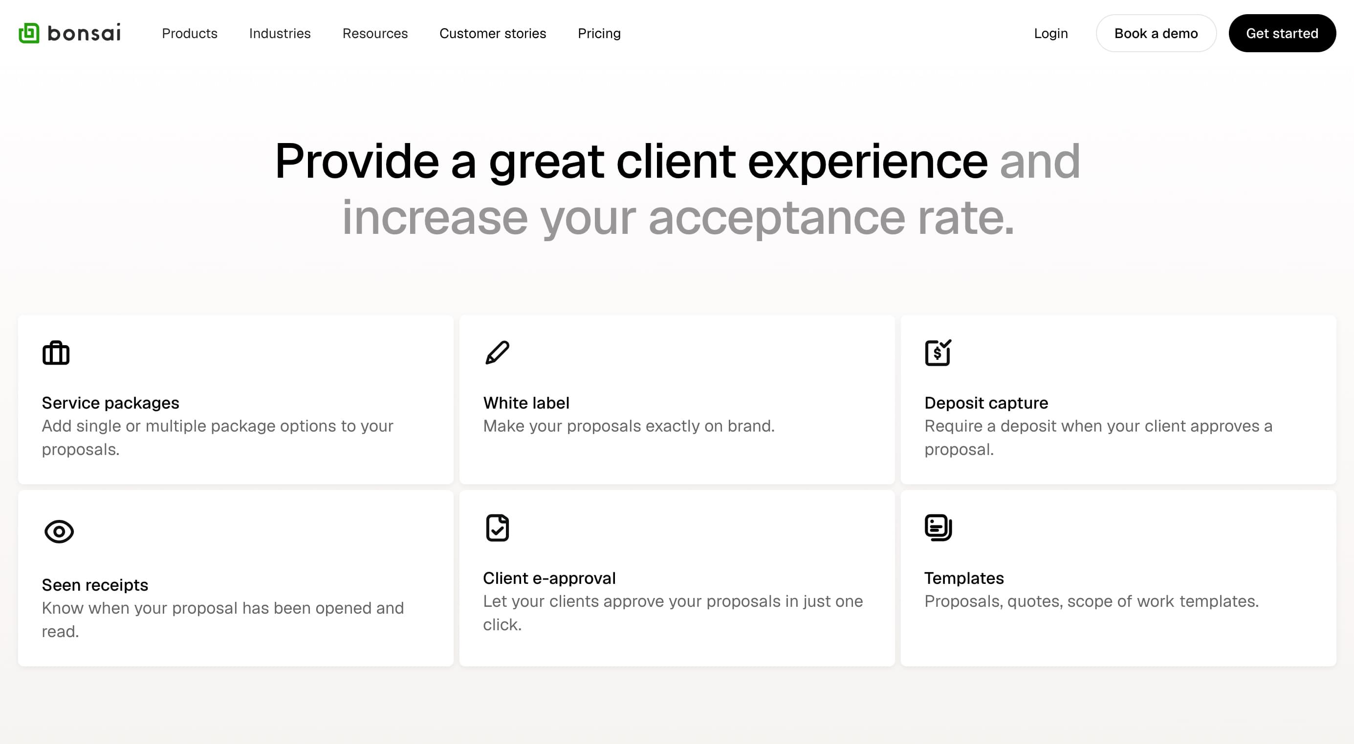 Bonsai proposal features page showing service packages, white label, deposit capture, templates