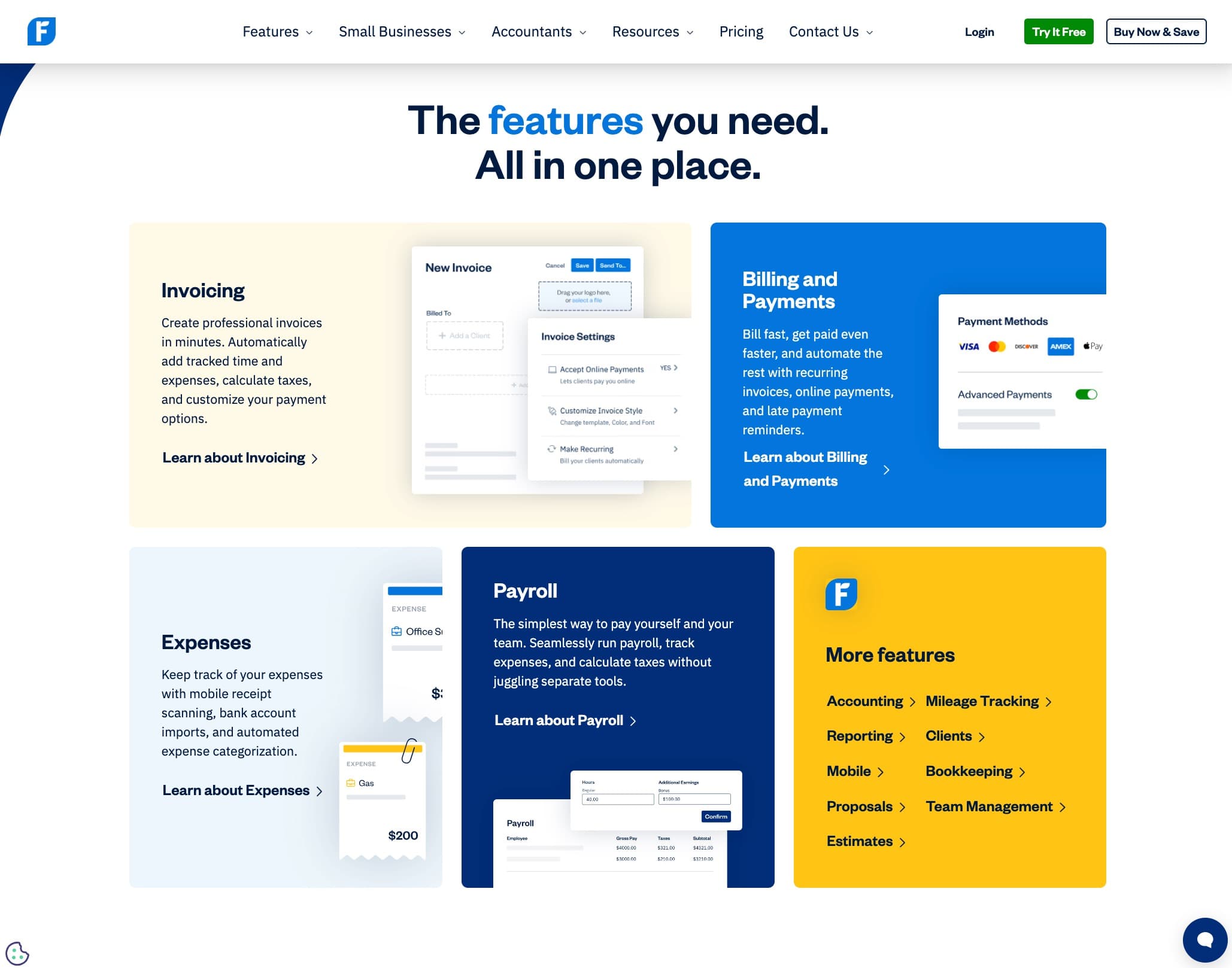 FreshBooks features page showing invoicing, billing, expenses, payroll - no AI mentioned