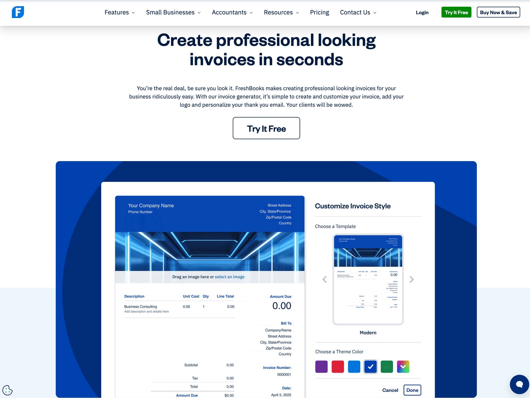 FreshBooks invoice creation screen - manual form with company name, client details, line items