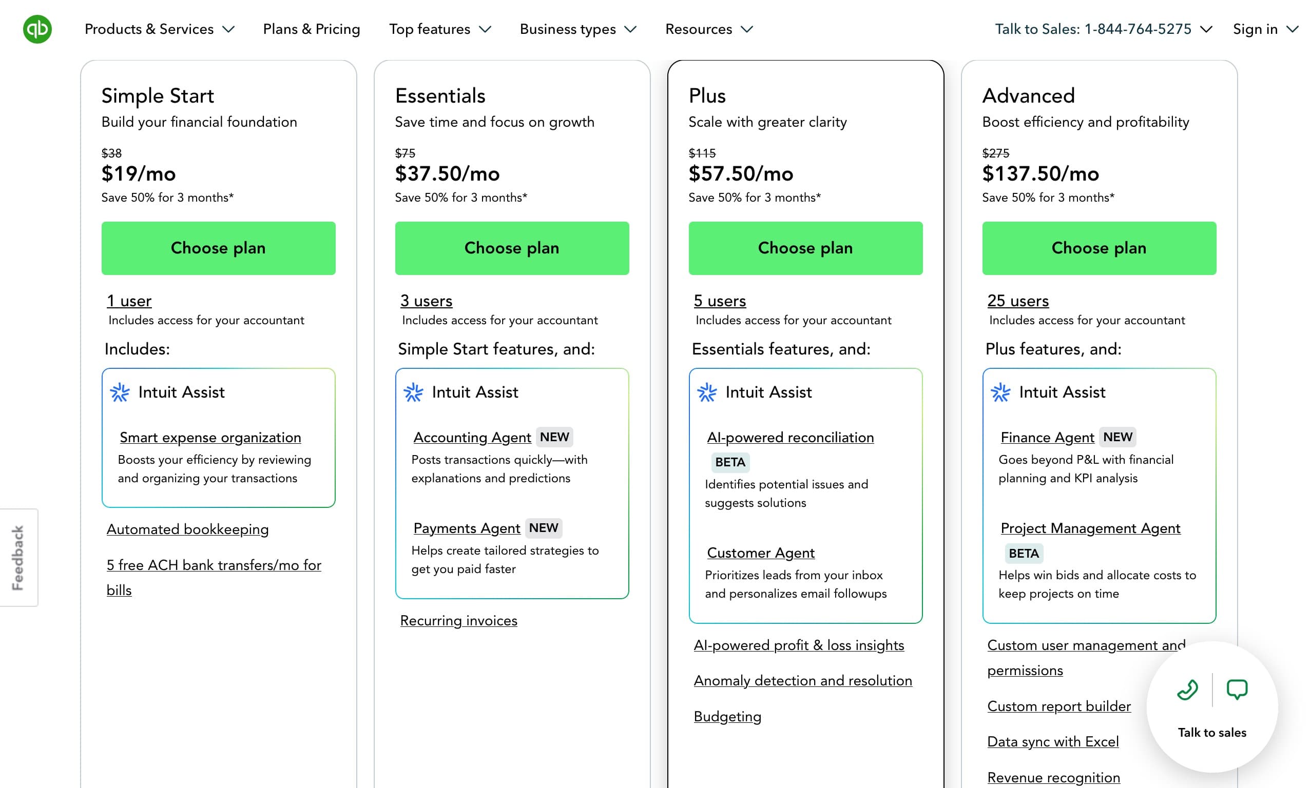 QuickBooks pricing page showing Intuit Assist AI features across all tiers